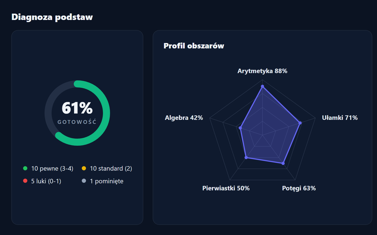 Raport diagnozy Kamila po okresie regularnych zajęć: 61% gotowości